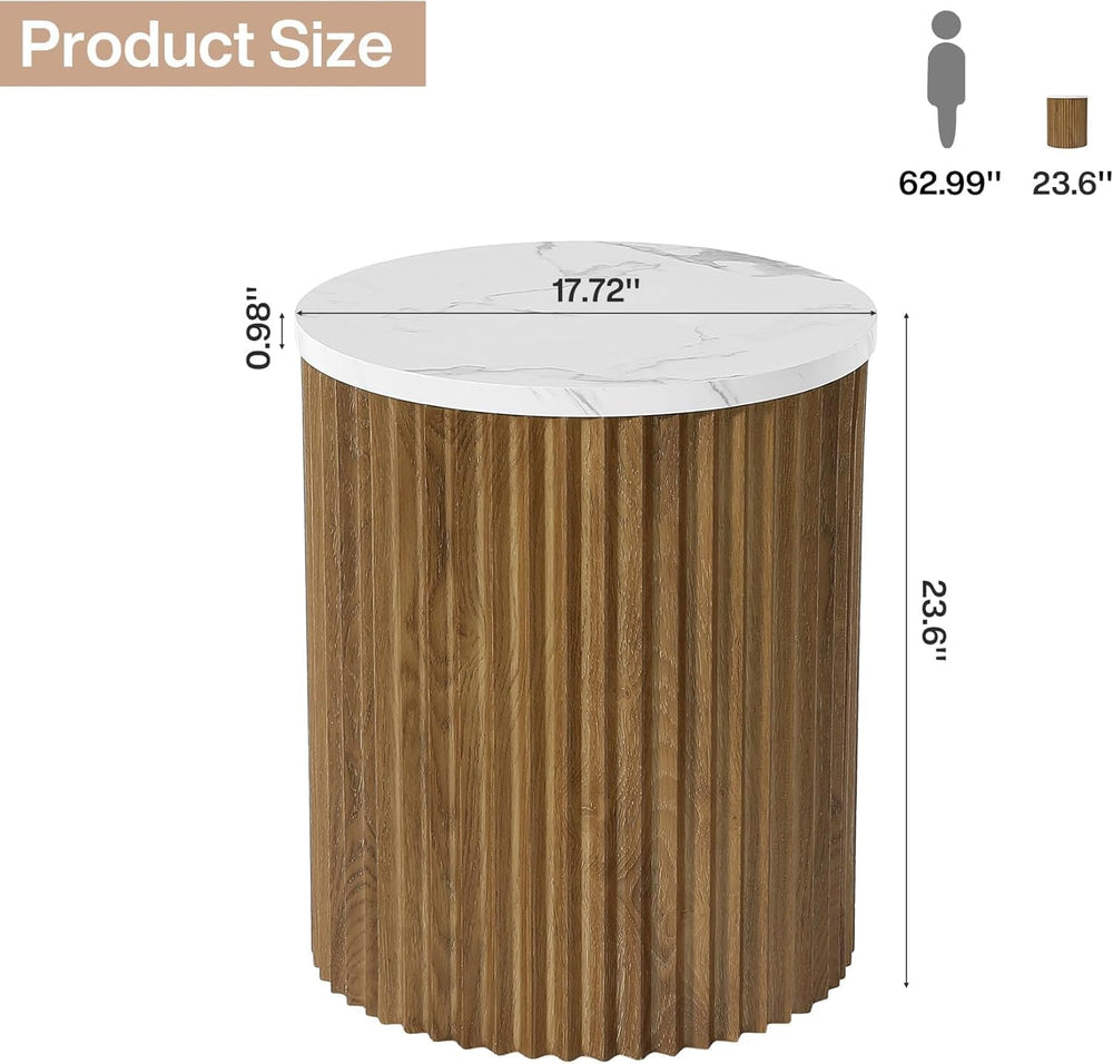 23.6-inch Round Side Table with Faux Marble Top, Drum Shape & Fluted Base...