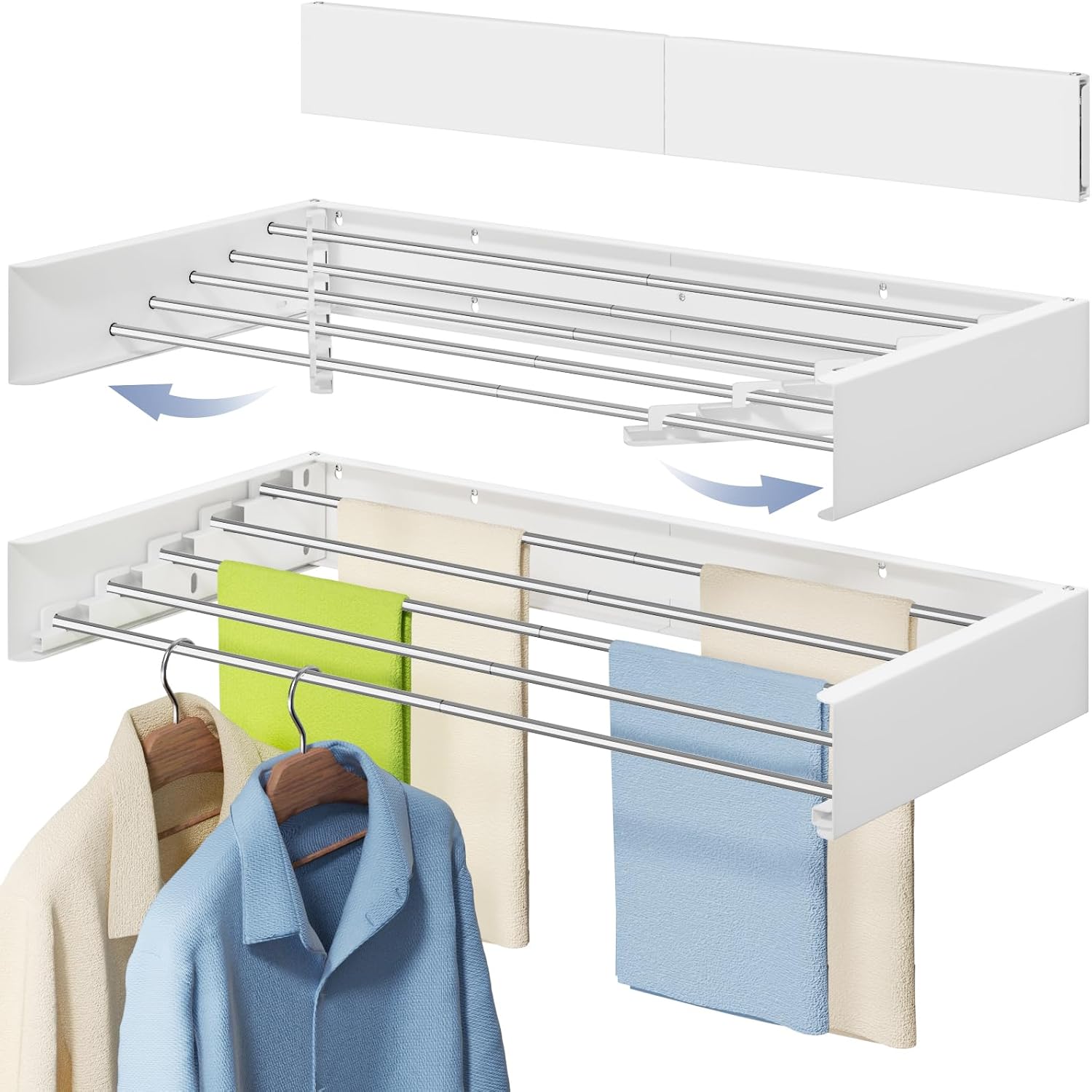 Vikaqi Wall Mounted Foldable Clothes Drying Rack, 32-Inch Wide, 5 Stainless Steel Rods, Space-Saving Laundry Drying Rack with Wall Template, White