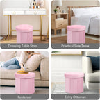 AmasSmile Round Storage Ottoman,14" Folding Velvet Foot Stool,Pink 2 Pack | Ottoman Storage Foot Stool, Petite and Soft Velvet, Thick Foam Cushion, Suitable for Living Room, Bedroom,Dorm,14x13x13in