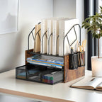 Wood Desk Organizer - 2-Tier Desktop File Organizer with Drawer with Vertical File Holder, Wooden Paper Tray, Office Desk Organzier and Accessories for Papers, Mail, Notebooks, Stationery