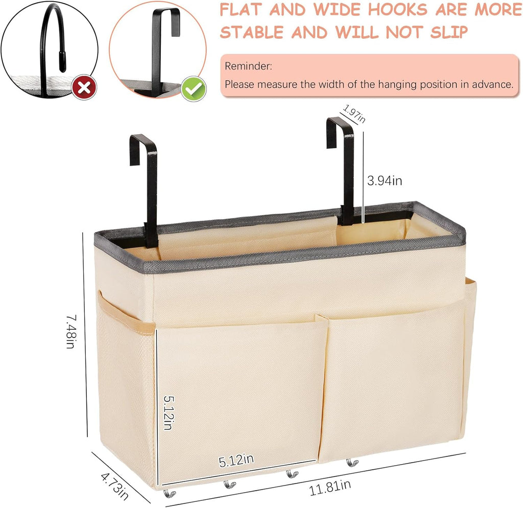Bedside Storage Organizer 5 Pockets with 4 Hooks Hanging Storage Bag for Headboards/Bunk Bed (Beige)