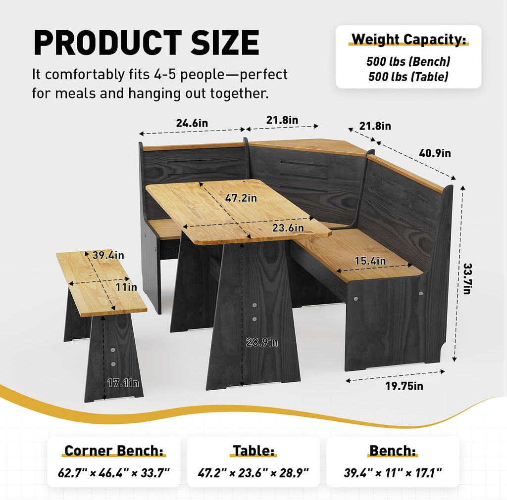 Kitchen Breakfast Nook Table Set - Solid Wood Corner Bench Dining Set for 4-6 People, L Shaped Bench for Dinner Room, Space Saving Kitchen Booth Seating with Table for Small Space, Ink Black