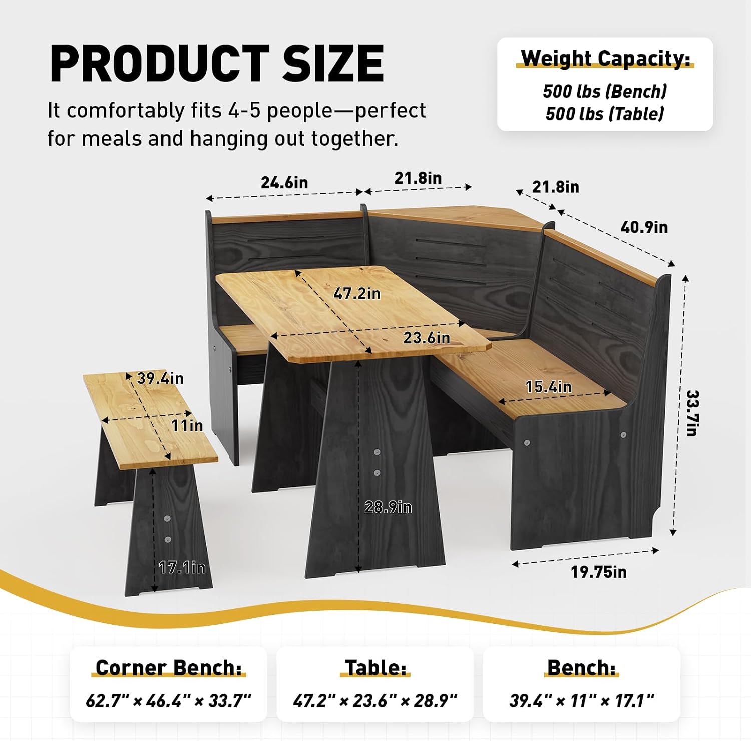 Kitchen Breakfast Nook Table Set - Solid Wood Corner Bench Dining Set for 4-6 People, L Shaped Bench for Dinner Room, Space Saving Kitchen Booth Seating with Table for Small Space, Ink Black