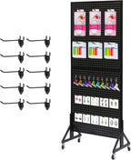 Eastern Tree 2.5'x 6' Metal Pegboard Display Stand with T-Base, Black Peg Board Panels Display with Casters, Standing Pegboard Display, Retail Display Stand, Extra 10 Pieces Hooks, Black