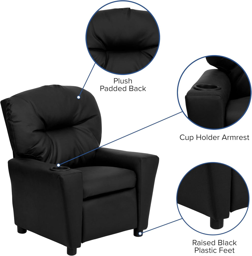 Flash Furniture Chandler LeatherSoft Kids Recliner with Cup Holder and Safety Recline, Contemporary Reclining Chair for Kids, Supports up to 90 lbs., Black