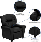 Flash Furniture Chandler LeatherSoft Kids Recliner with Cup Holder and Safety Recline, Contemporary Reclining Chair for Kids, Supports up to 90 lbs., Black