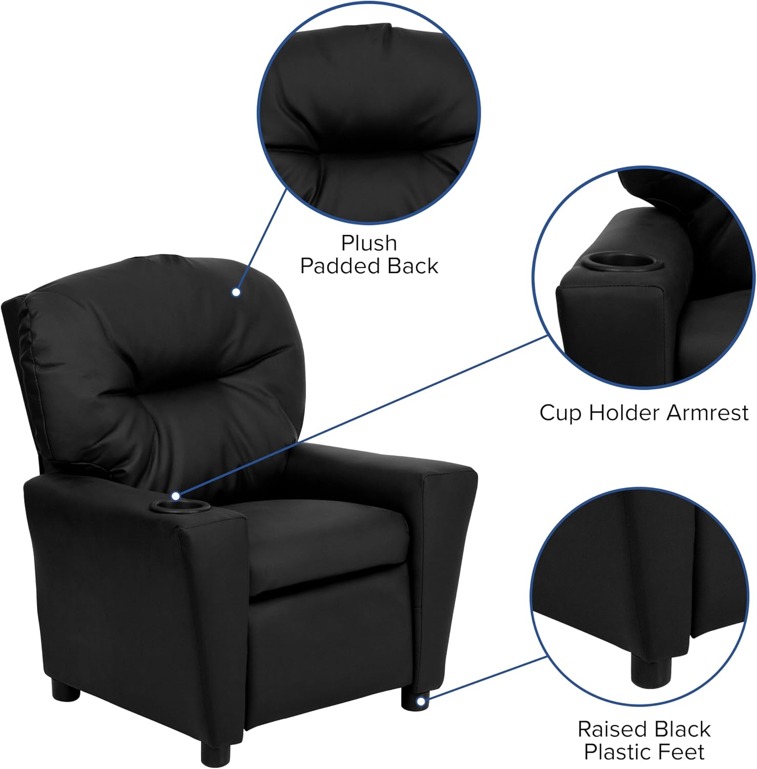 Flash Furniture Chandler LeatherSoft Kids Recliner with Cup Holder and Safety Recline, Contemporary Reclining Chair for Kids, Supports up to 90 lbs., Black
