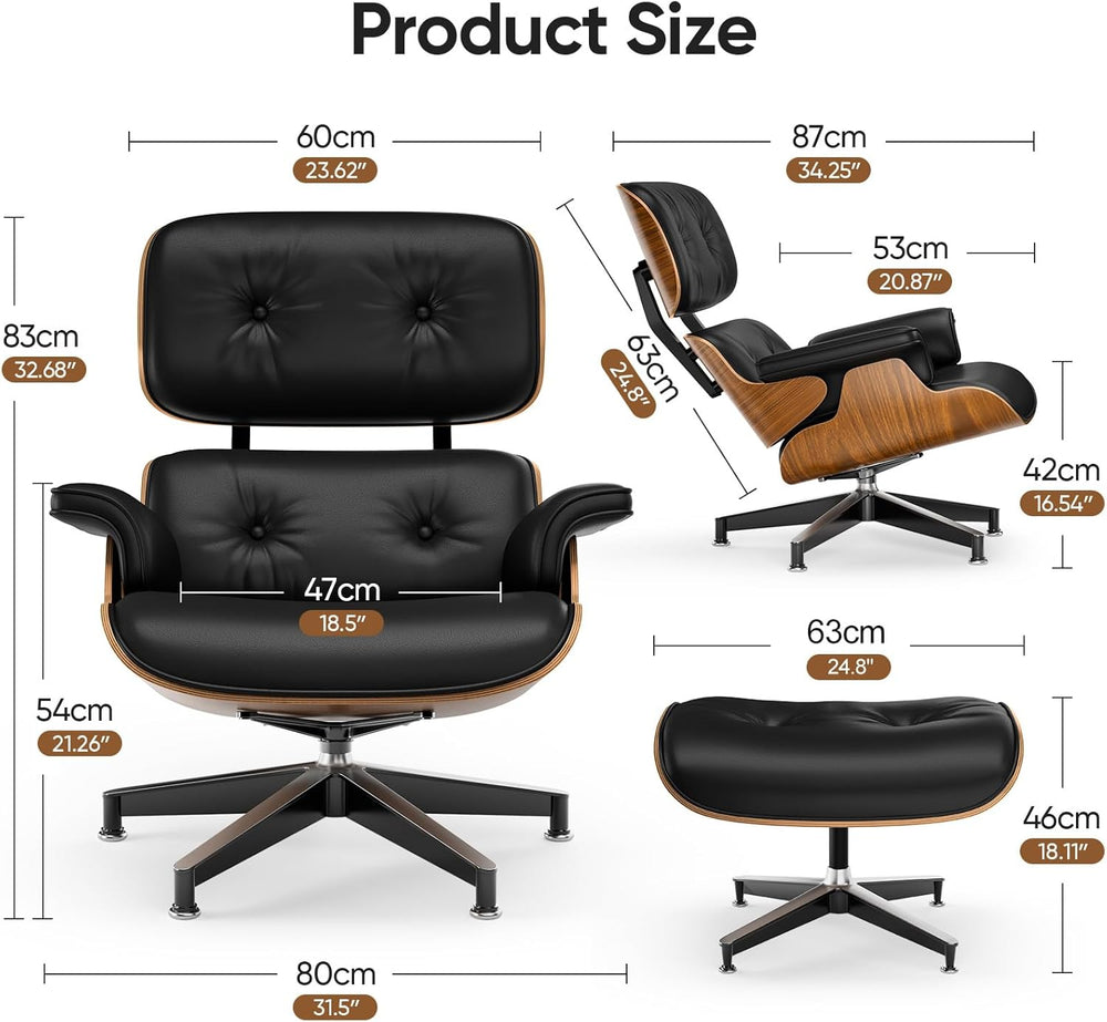 Top Black PU Leather, Mid Century Chaise Lounge Chair and Ottoman, Modern Cha...