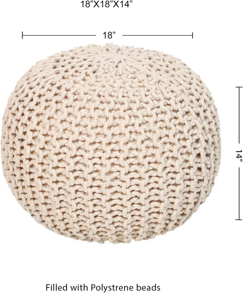 · REDEARTH · Round Pouf Ottoman - Hand Knitted Boho Poof Footrest - Ivory