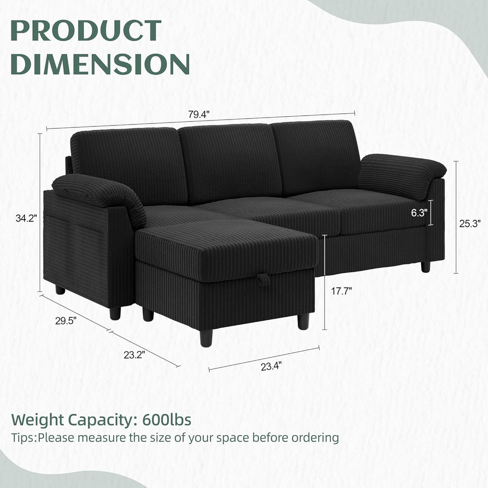 Vongrasig Convertible Sectional Couches, 3 Seat L Shaped Couch Sofa with Remo...