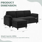 Vongrasig Convertible Sectional Couches, 3 Seat L Shaped Couch Sofa with Removable Pillows Soft Corduroy Fabric Small Couch Mid Century for Living Room, Apartment and Office Black