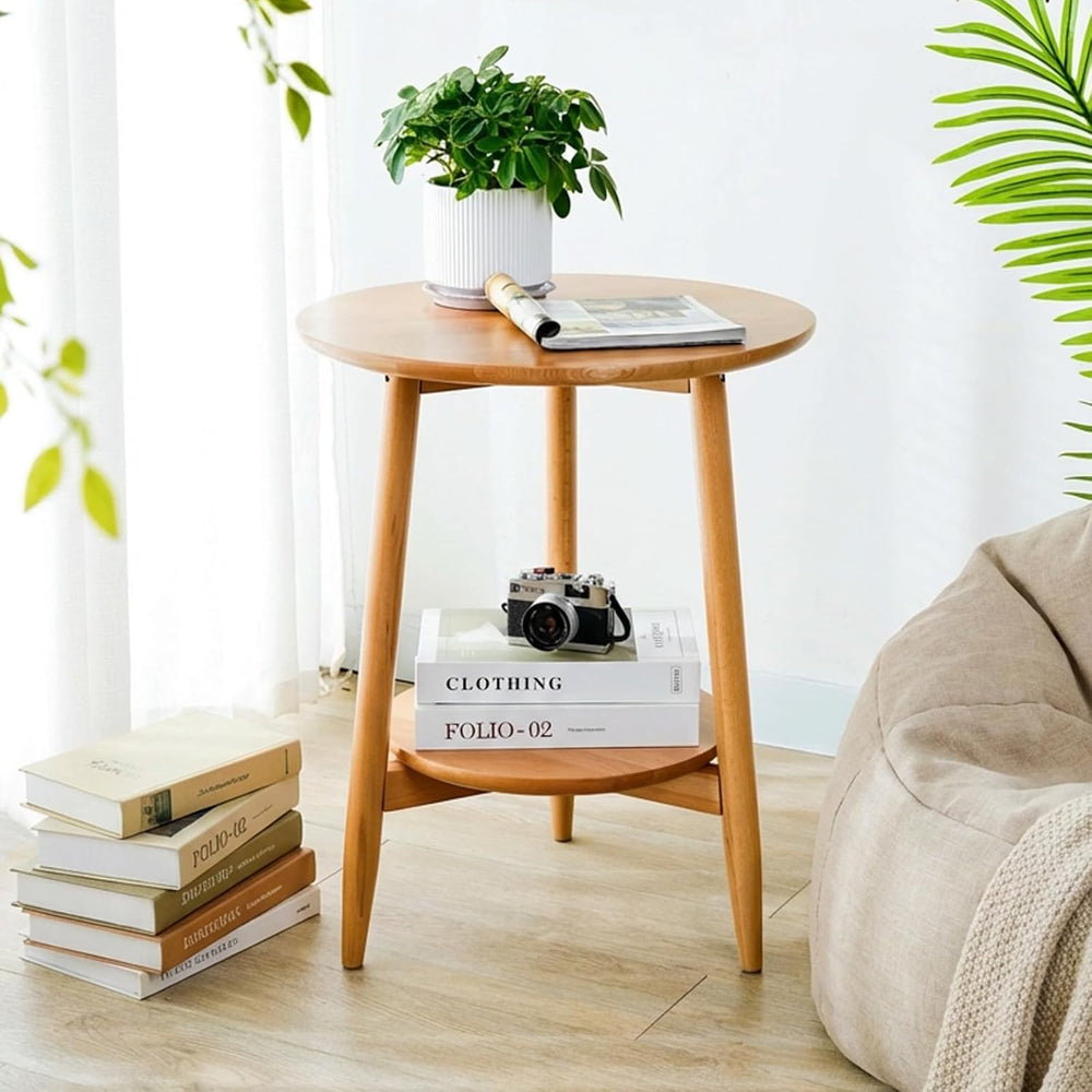 Side Table, Small Round End Table with 2-Tier Shelf, Solid Wood Nightstand fo...