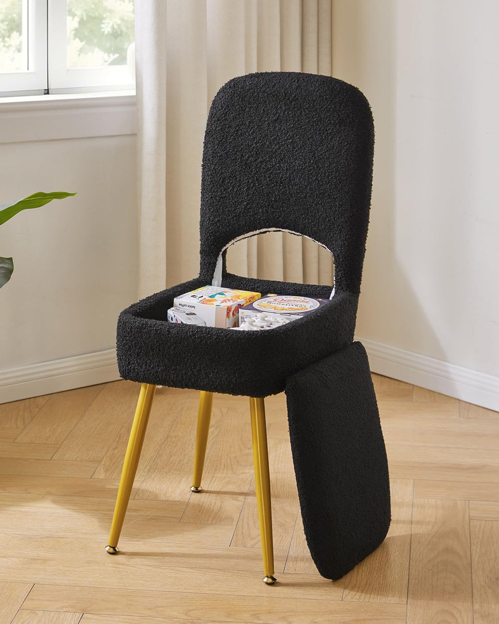 IBUYKE Storage Vanity Stool Chair with Folding Backrest, Black WBD027B