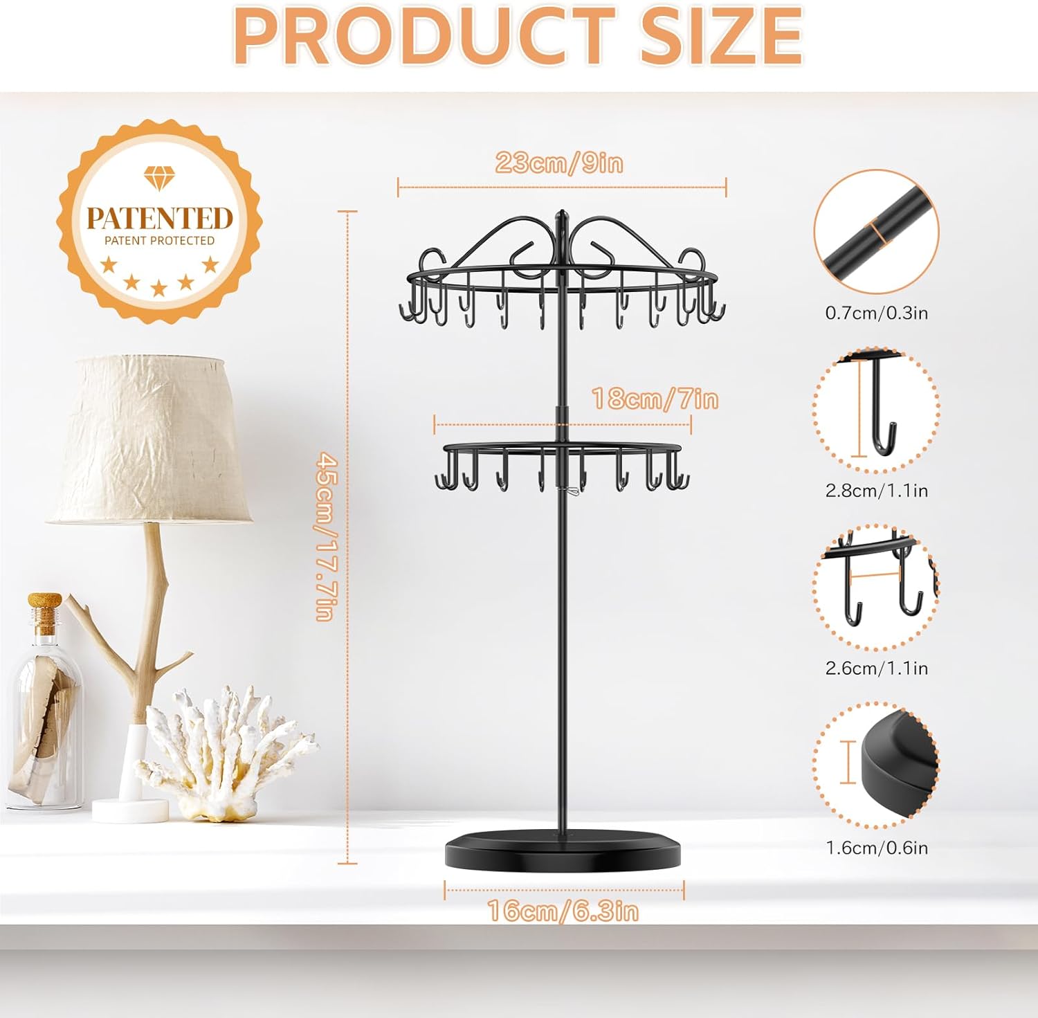 iDavosic.ly 2 Tier Rotating Necklace Holder Organizer with 42 Hooks, Adjustable Metal Bracelet Display Stand Rack, Extra Tall Keychain Spinning Tree Tower for Women, Black