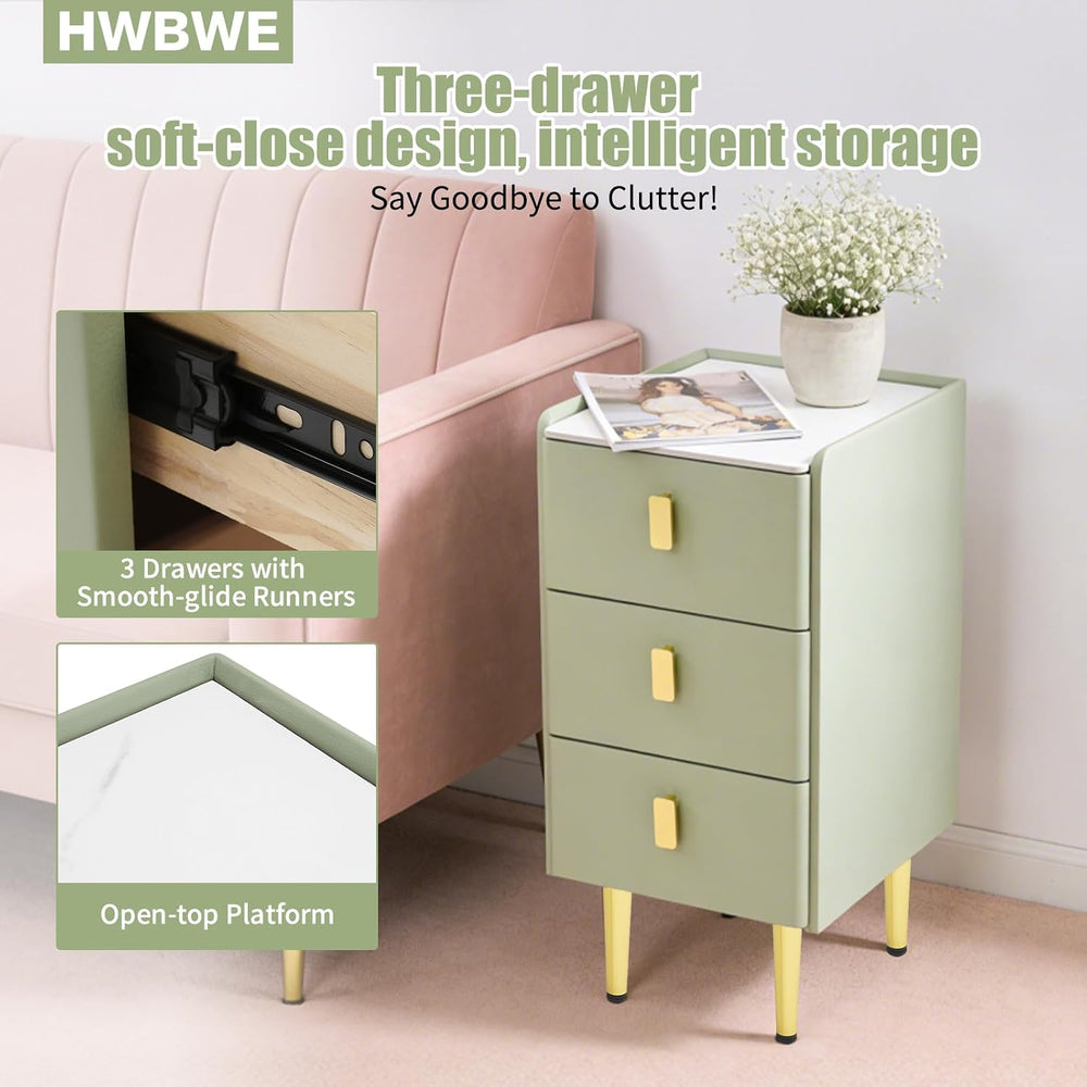 Narrow Nightstand with Drawers, Narrow Side Table Leather, Three-Layer Drawer...
