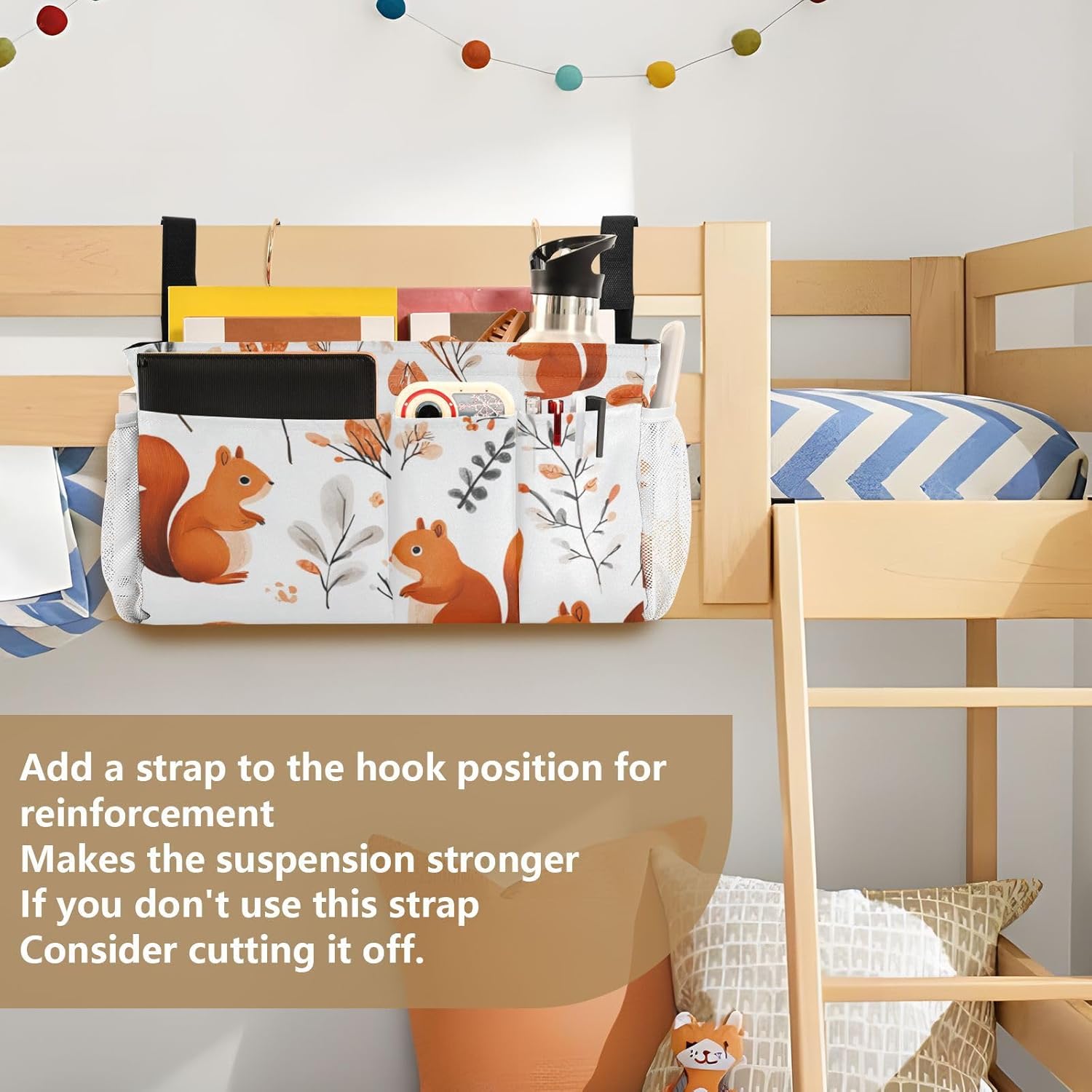 Squirrels and Fall Leaves Bedside Caddy for Dorm Bed Bedside Hanging Caddy Bag Iron Frame Storage Organizer Pocket for Bunk Home College Hospital Beds 2 Hooks