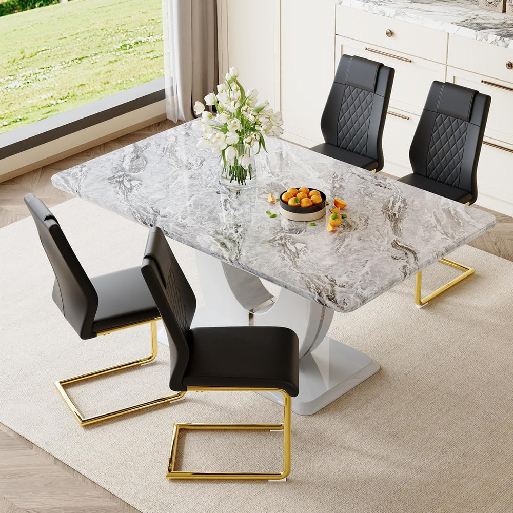 JUFU 5-Piece Dining Table Set for 4, 63-Inch Faux Marble with PU Chairs