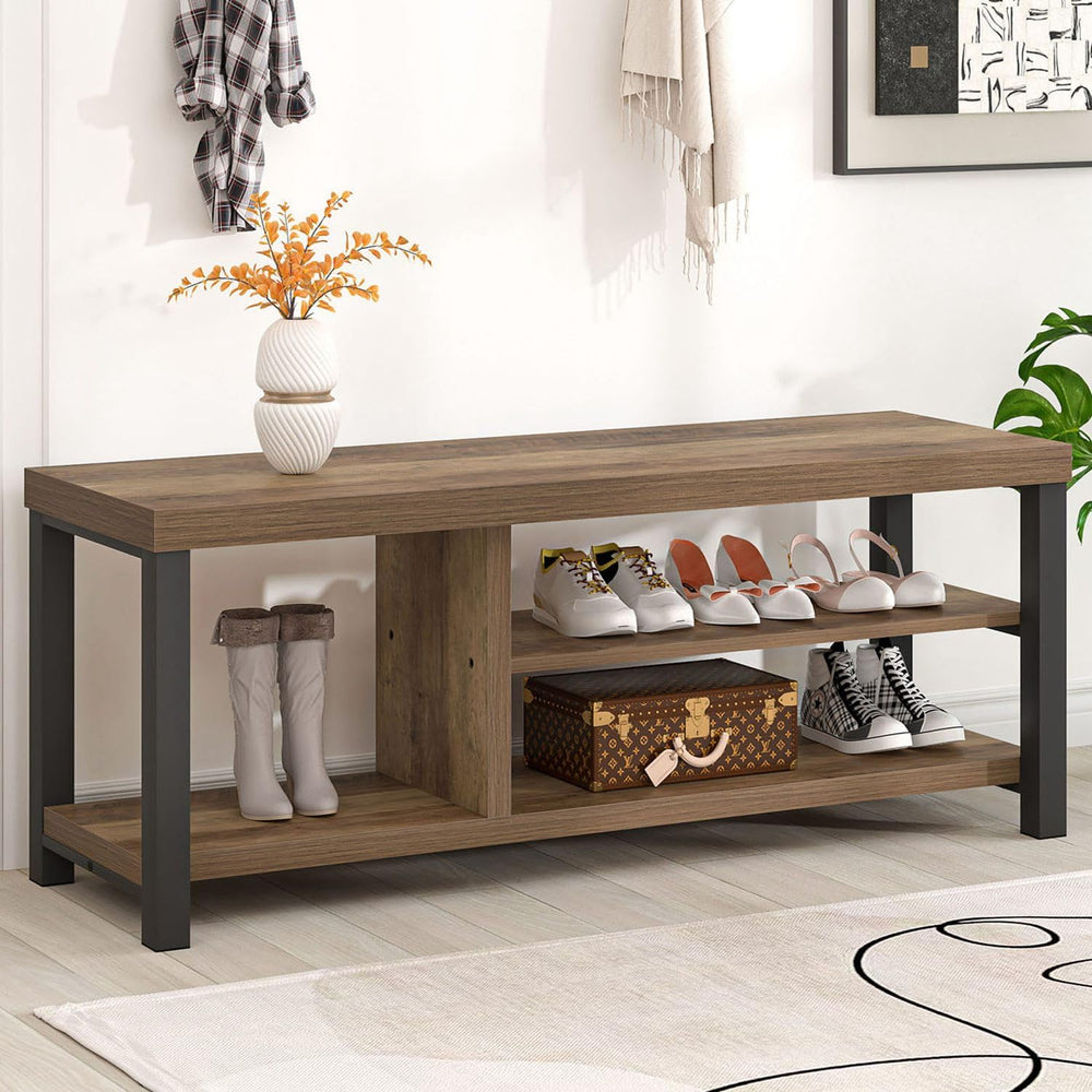 FOLUBAN Shoe Bench for Entryway, Wood and Metal Indoor Bench with Shoe Storag...