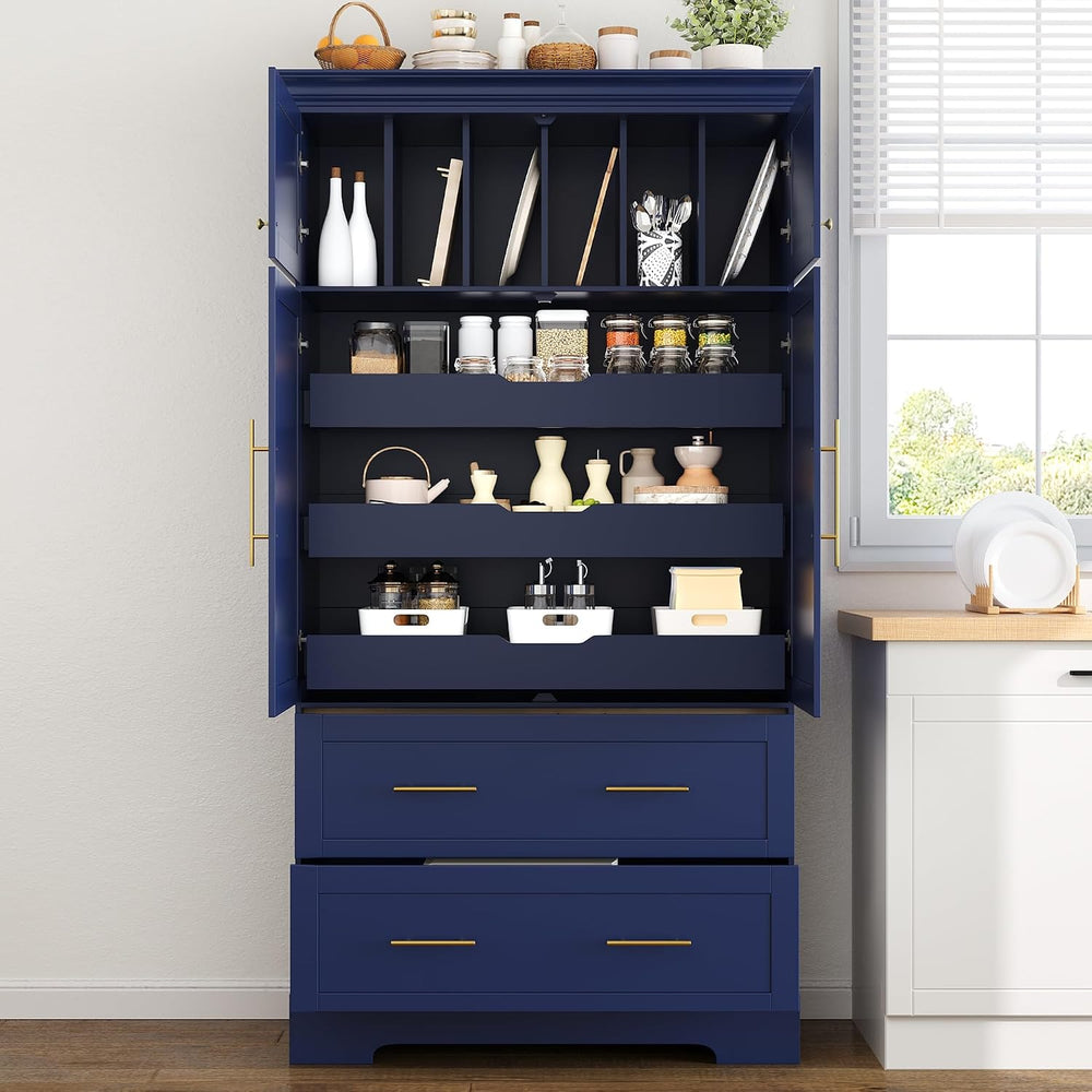 Farmhouse Kitchen Pantry Cabinet, Tall Freestanding Cupboard with Pull-Out Tr...