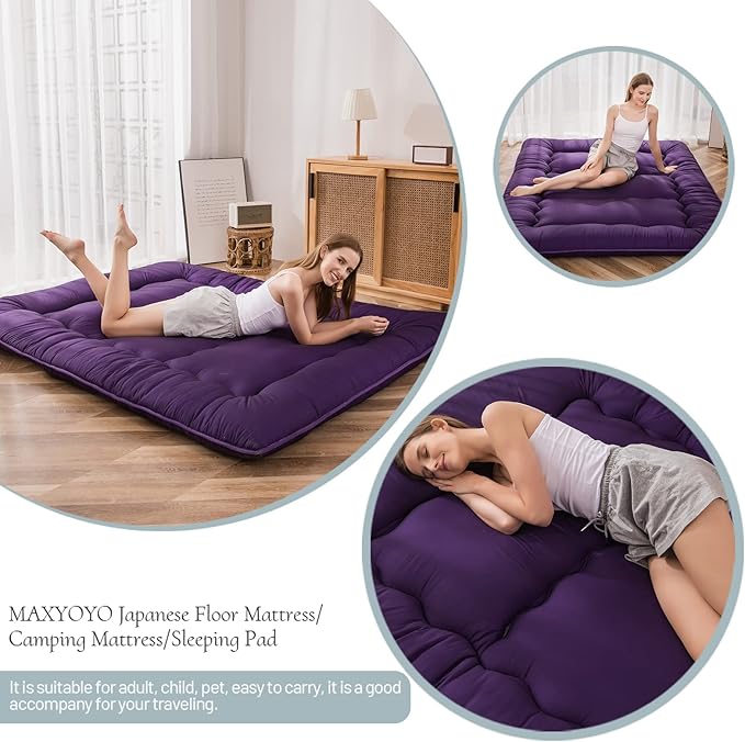 MAXYOYO Japanese Floor Mattress Futon Mattress, 4" Thicken Tatami Mat Sleeping Pad Foldable Roll Up Mat Boys Girls Dormitory Pad Kids Floor Lounger Pillow Bed, Charcoal Grey, Queen Size