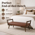 52" Upholstered Bench, Brown Faux Leather, Walnut Legs | Mid-century modern ottoman with high-resilience foam, sturdy wood frame. Ideal for bedroom end of bed, entryway, living room
