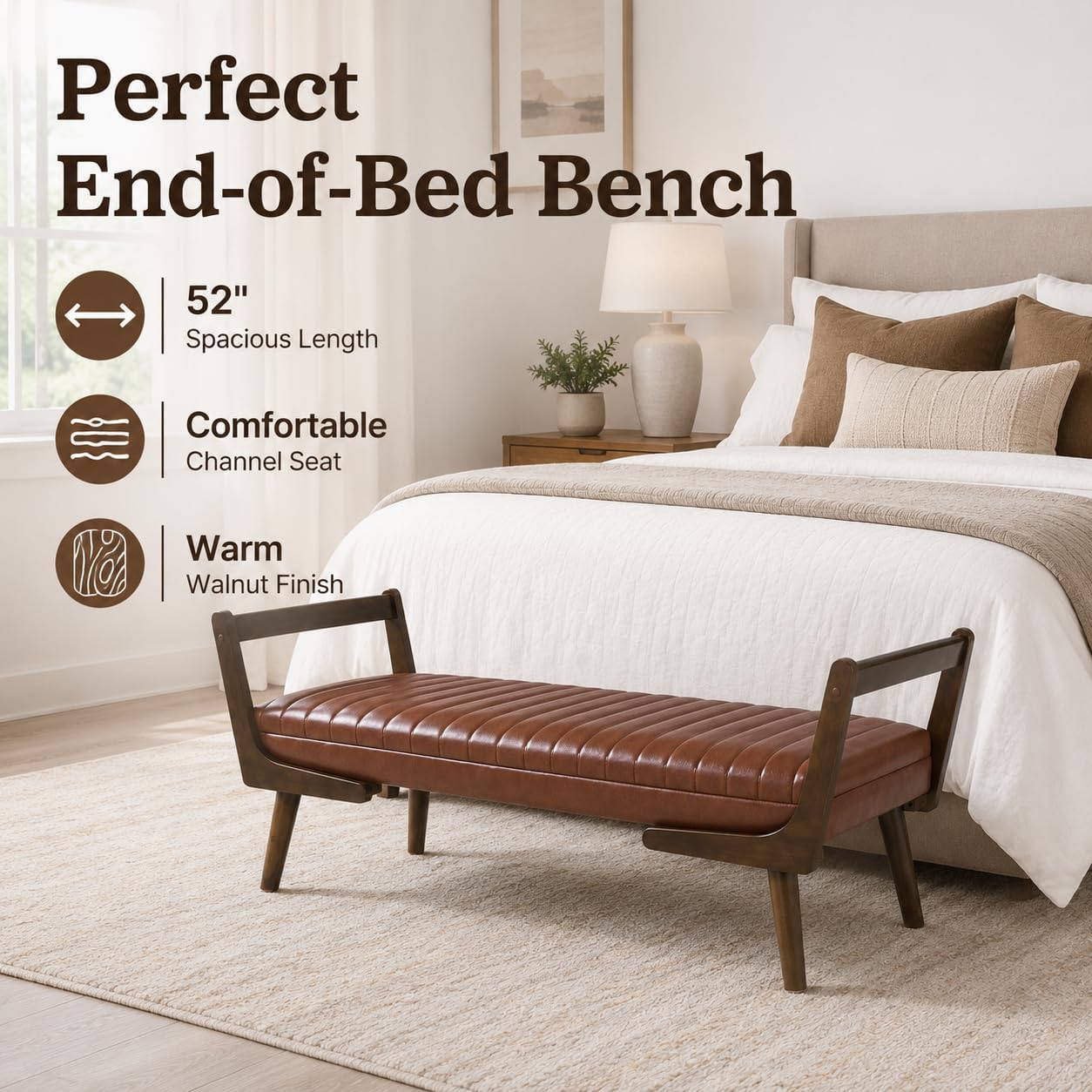 52" Upholstered Bench, Brown Faux Leather, Walnut Legs | Mid-century modern ottoman with high-resilience foam, sturdy wood frame. Ideal for bedroom end of bed, entryway, living room