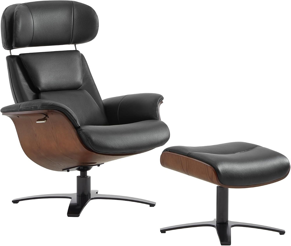 CHITA Genuine Leather Reclining Swivel Accent Chair with Ottoman, Black | Eam...
