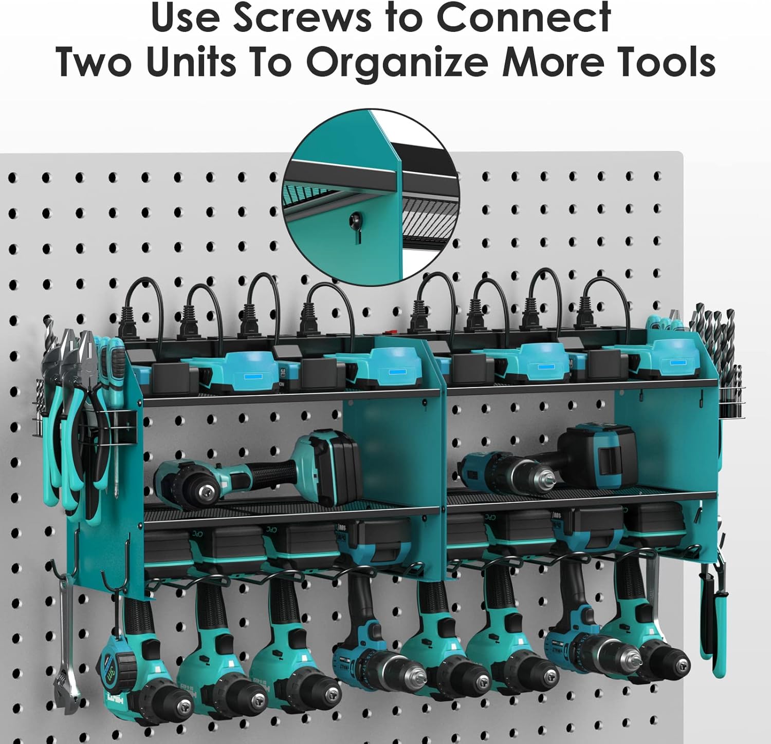 CCCEI Modular Power Tool Organizer Wall Mount with Charging Station. Garage Drill Storage Shelf with Hooks, Heavy Duty Rack, Tool Battery Holder Built in 8 Outlet. Gift for Men. Navy Blue, 2 Pack.