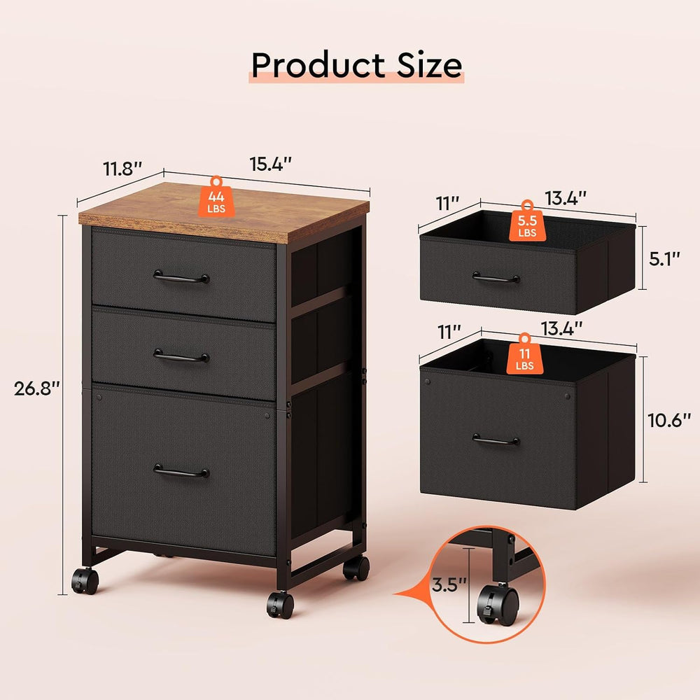 Maihail 3 Drawer File Cabinet with Wheels with Open Storage Shelf, Rustic Brown