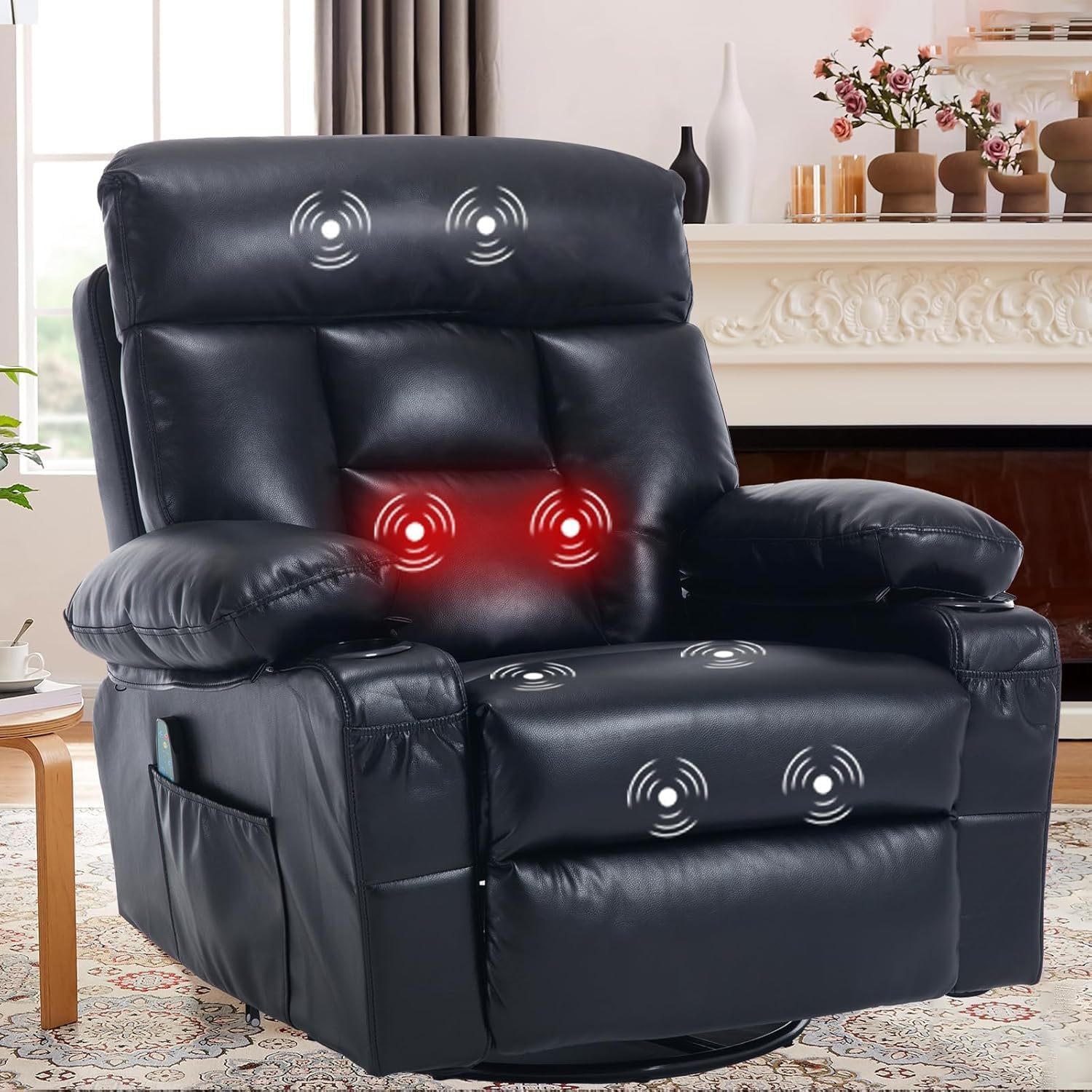 Faux Leather Swivel Rocker Recliner Chair with Heat Massage, Black | Manual Recliner, Overstuffed, Cup Holders, USB Port, Reclining Lounge Chair, Nursery Rocking Glider Chair