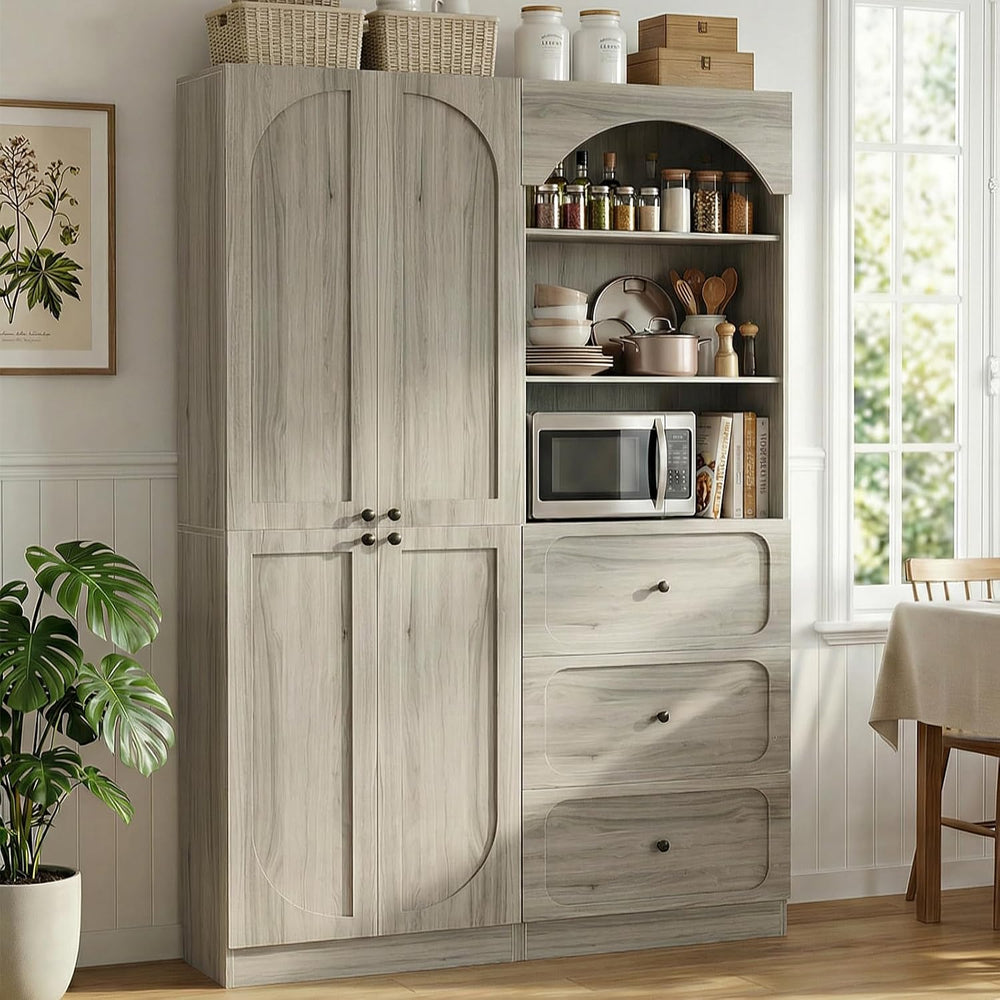 Cyclysio 80" Kitchen Pantry Cabinet with 3 Drawers, 47" Wide Arched...