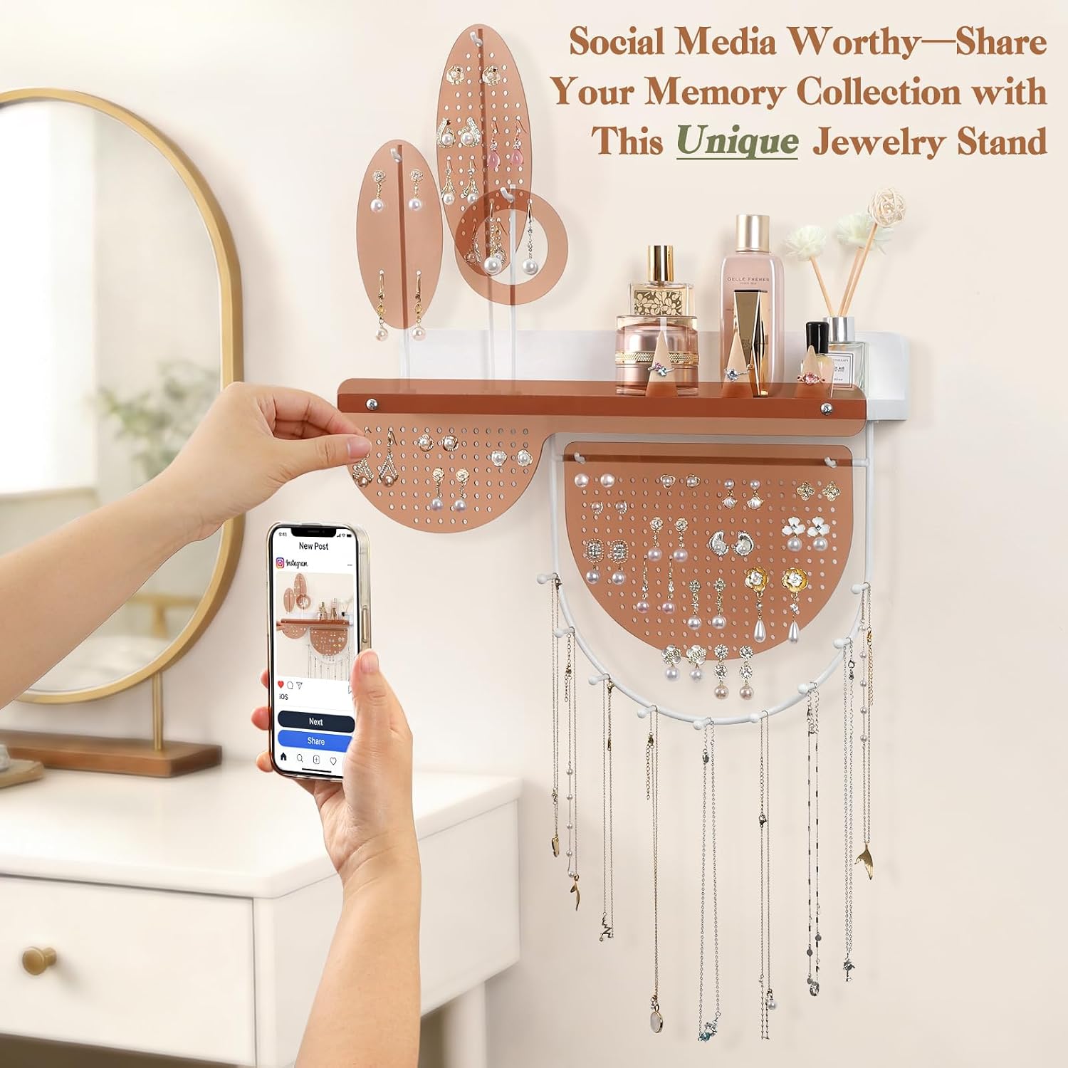 Keebofly Wall Mounted Hanging Jewelry Organizer - Acrylic Earring Organizer with Shelf for 444 Earrings, Sturdy Jewelry Tower for Earring, Stud, Necklace, Bracelet, Ideal Gifts for Women & Girls