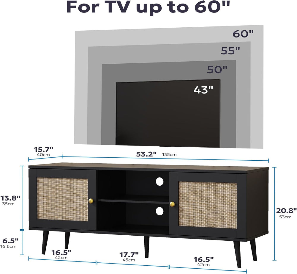 Furnify Rattan TV Stand for 50/55/60 inch TV, Boho 53" Entertainment Cen...