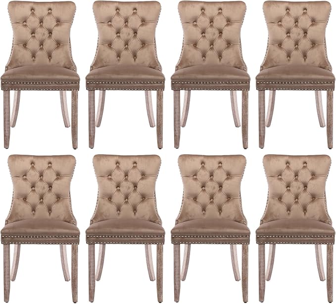 Velvet Upholstered Dining Chairs Set of 8, Modern Style Kitchen Side Chairs with Nailhead Trim and Wood Legs,Metal Pulling Ring for Dining Room Living Room(Khaki)