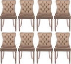Velvet Upholstered Dining Chairs Set of 8, Modern Style Kitchen Side Chairs with Nailhead Trim and Wood Legs,Metal Pulling Ring for Dining Room Living Room(Khaki)