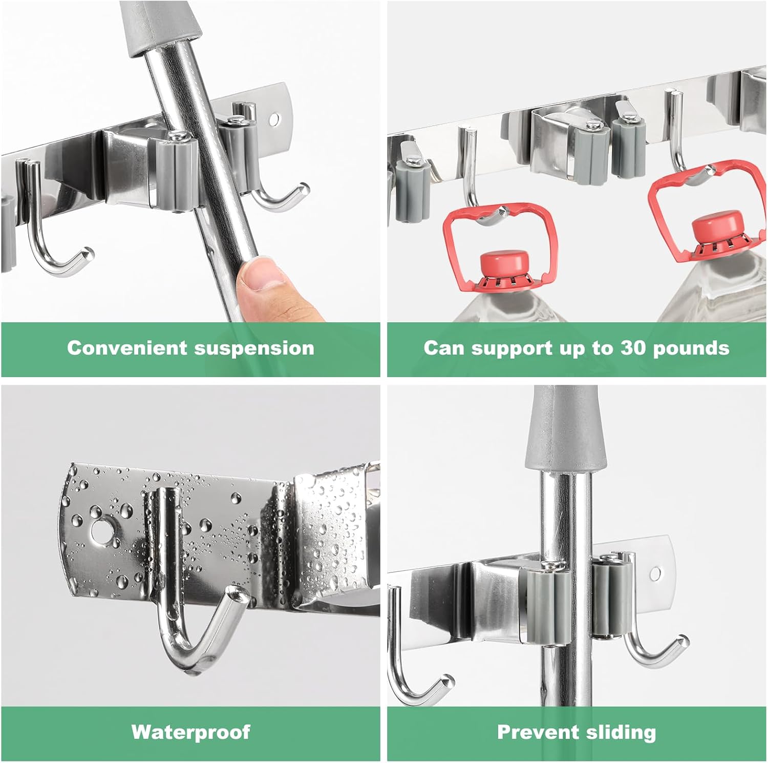 3 Pack Broom Holder Wall Mount 3 Racks 4 Hooks Stainless Steel Broom Mop Holder Anti Slip Storage Rack Strong Load Bearing Waterproof Broom and Mop Organizer Wall Hanging for Bathroom Kitchen Garage