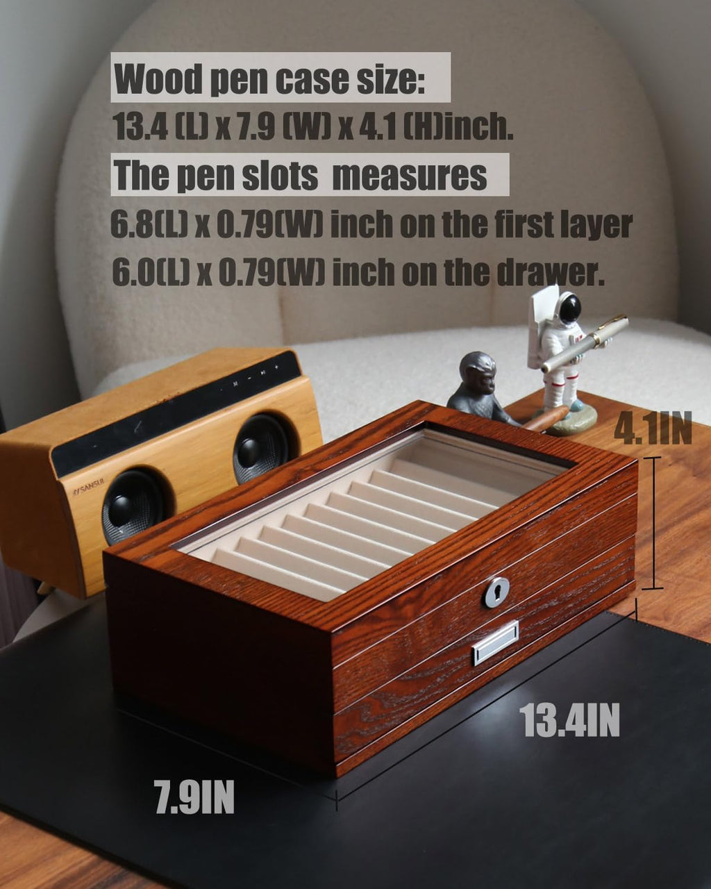 wood pen display case 24 slot Fountain pen Box storage Organizer with drawer, Top Glass Window Pen Collection Display Case