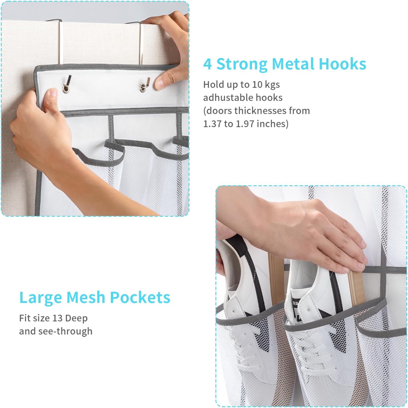 SAVERHO 40 Large Pockets Over the Door Shoe Organizer,Space-Saving Mesh Hanging Shoe Rack for Door Shoe Holder, Large Size 76.4" x 27.5" Ideal for Closet & Door Storage (White, 40 Pockets)