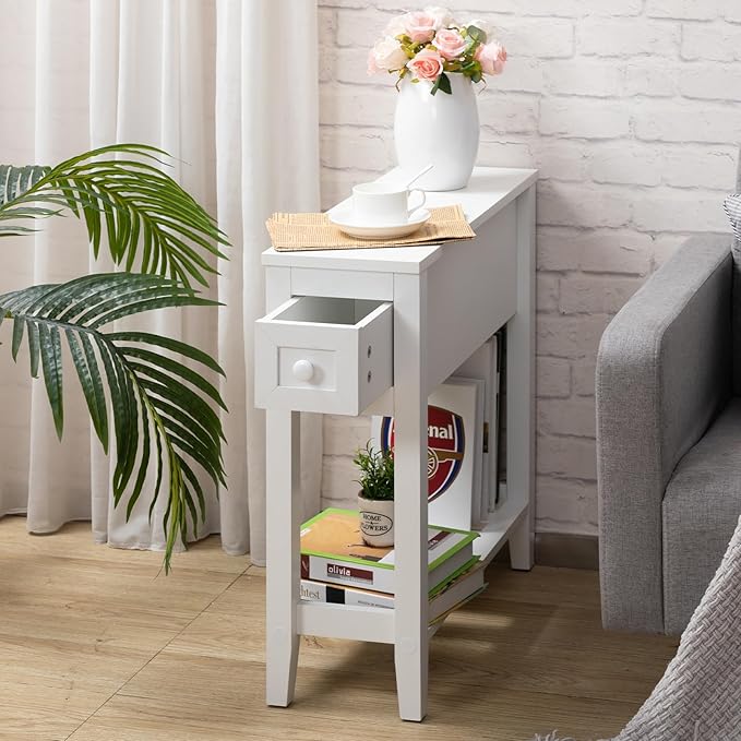 Narrow Side Table for Small Spaces, White, Set of 1, 24" L x 8.5" W...
