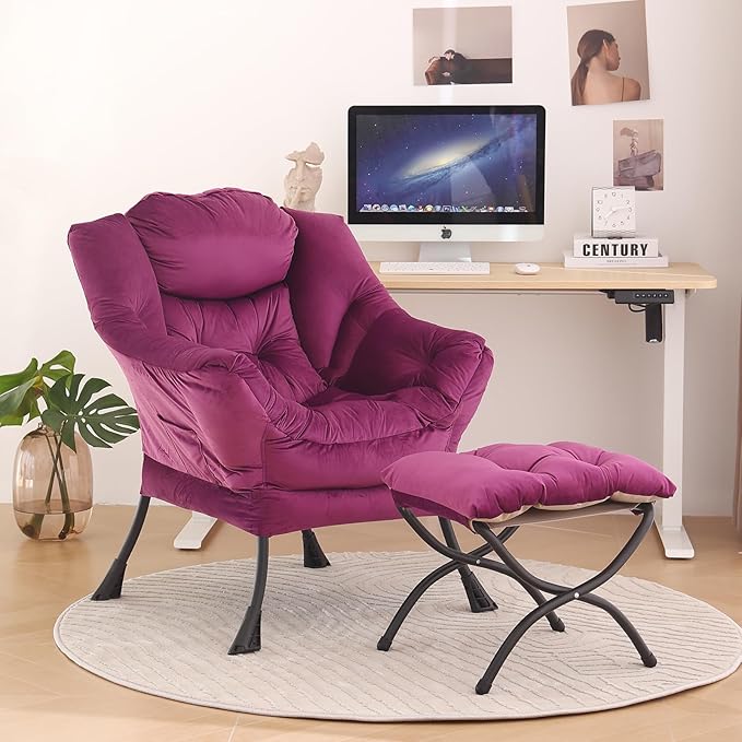 Tiita Lazy Chair with Ottoman, Modern Large Accent Lounge Armchair, Comfy Leisure Sofa Reading Chair with Footrest for Bedroom, Living Room, Dorm Rooms, Garden and Courtyard, Velvet Dark Purple