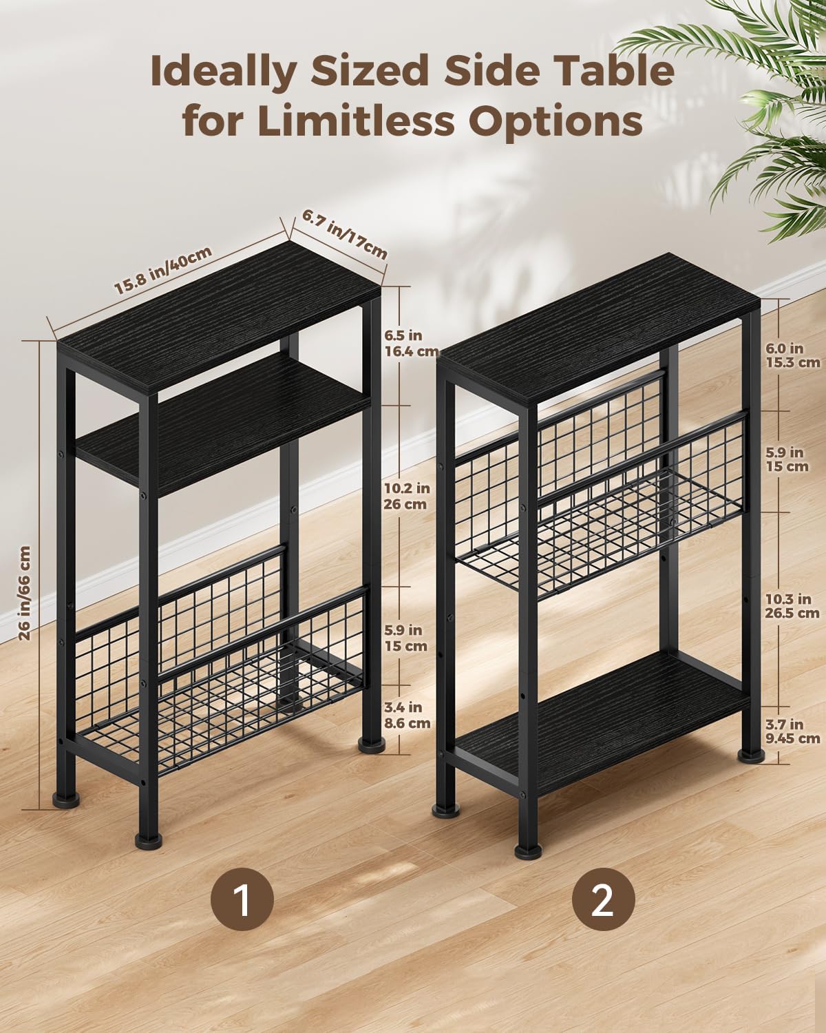 Karii Narrow Side Table, Skinny End Table for Small Spaces with Storage, 3-Tier Slim Wooden Bedside Nightstand Thin Couch Table for Living Room Bedroom Office Dorm Kitchen Bathroom (2, Black)