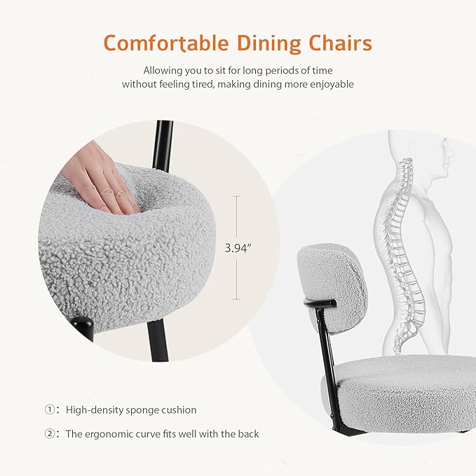 Sweetcrispy Dining Chairs Set of 2, Boucle Upholstered Modern Mid Century Round Kitchen Chairs with Curved Backrest & Metal Legs for Vanity, Living Room - Classic Grey