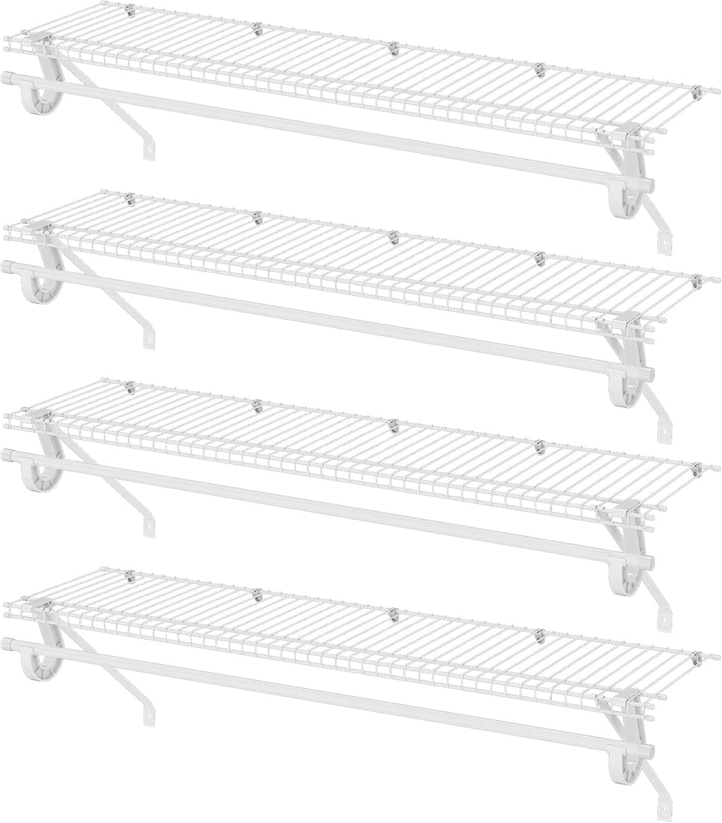 Closet Shelves Wall Mounted with Hanging Rod, 4 Pack 4 ft x 12 in White Wire Shelving Kit, Metal Wall Shelf Organizer for Home, Pantry, Laundry Room Storage