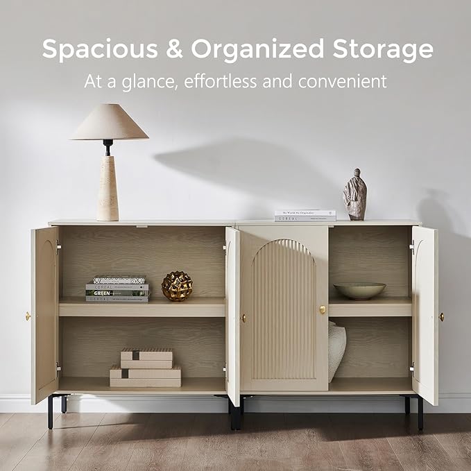 Modern TV Stands for 75 Inch TVs, 61.75‬"W Wood Entertainment Center w/Adjustable Shelves, Mid Century Modern TV Stand w/Arched Fluted Doors, Media Console Cabinet for Living Room, Cream
