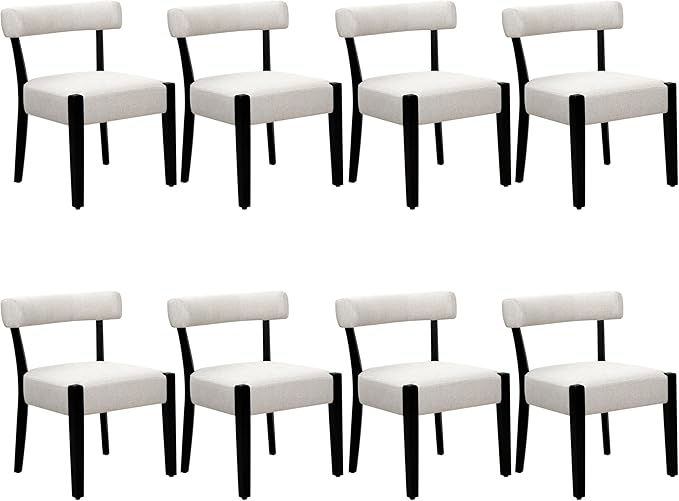 Modern Dining Chairs Set of 8, Upholstered Kitchen & Dining Room Chairs, Mid Century Modern Wooden Dining Chairs Oversized Sturdy Fabric Rounded Chairs Curved Back, Black and Beige