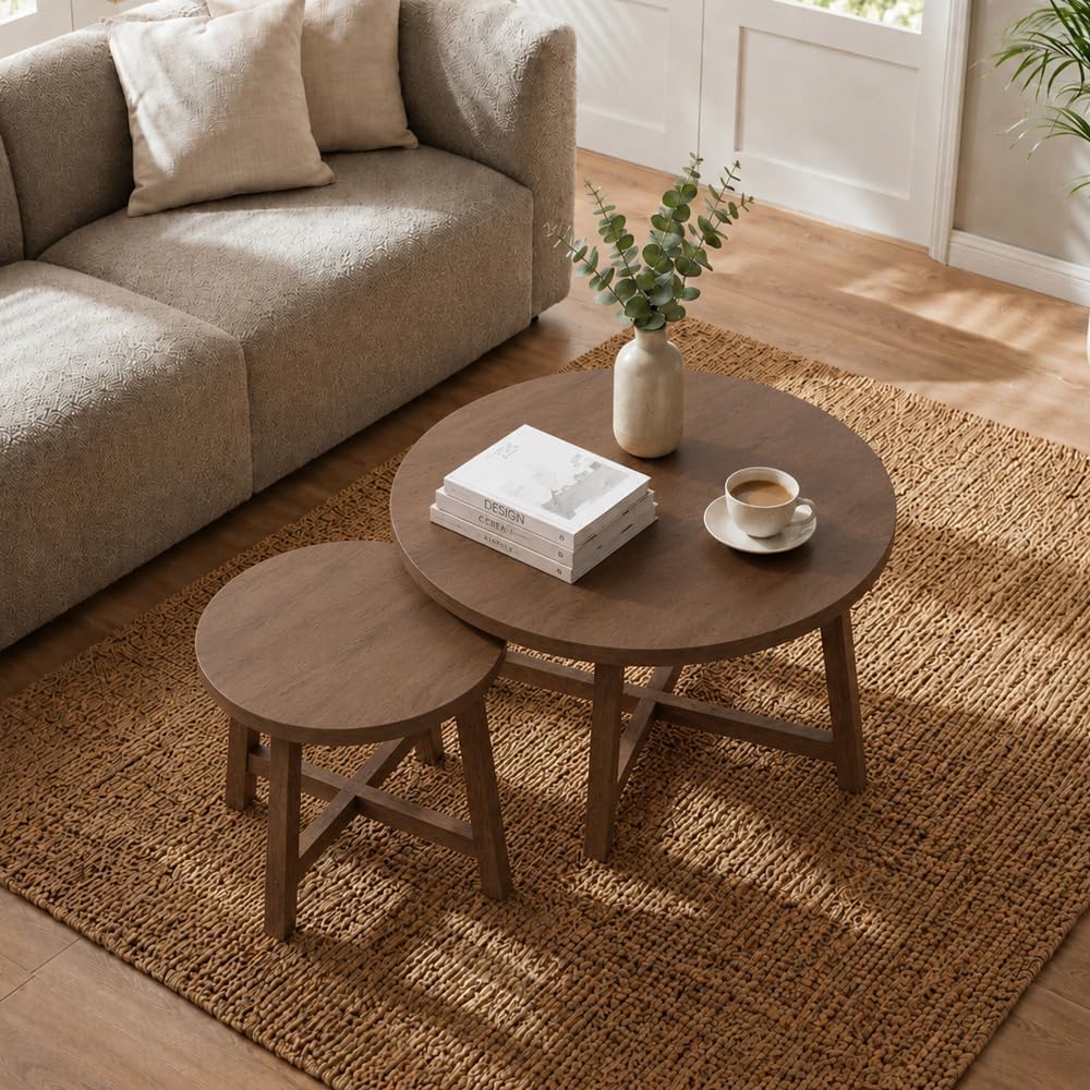 Set of 2 Round Nesting Coffee Tables,Walnut Tone | X-Shaped Frame, Stackable ...