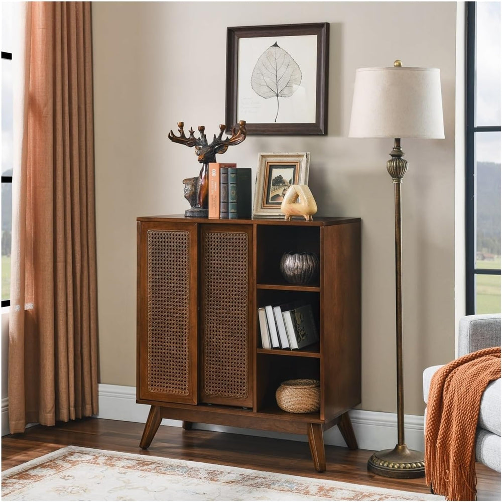 Mid Century Modern Rattan Sideboard Cabinet, Buffet Cabinet for Entryway Hall...