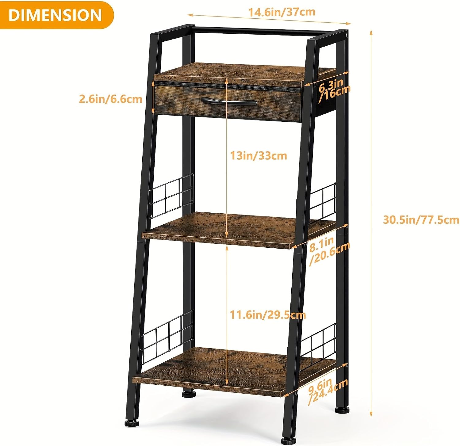 3-Tier Bathroom Ladder Shelf with Drawer, Bathroom Floor Storage Shelf, Freestanding Tower Shelf Ladder Bookshelf for Living Room, Bedroom