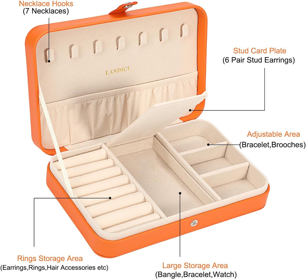 LANDICI Small Jewelry Box for Women Girls, PU Leather Travel Jewelry Case, Portable Jewelry Organizer Storage Holder Display for Ring Earrings Necklace Bracelet Bangle Men Kids Gift, Orange