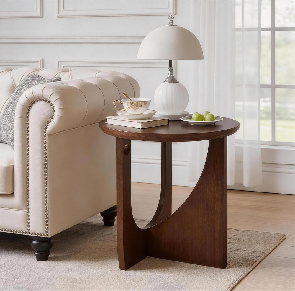 19.68 Inch Round Solid Wood Side Table, Walnut Brown, Modern Rustic Sofa End ...